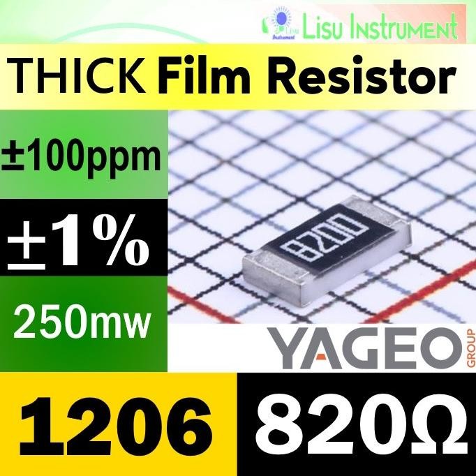 Murah (25) 820 1206 1% 250mW Thick Film Resistor SMD 200V 100ppm/C 820R 8200 RC1206FR-07820RL YAGEO 