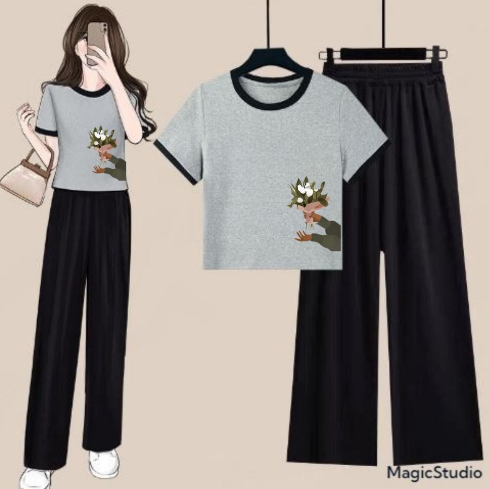 Promo Baju Setelan Anak Remaja Usia Tanggung Ukuran Reguler Atasan Crop Ringer Tee Dan Celana Panjan