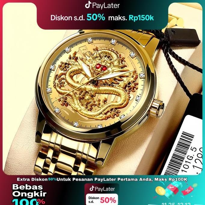 GARANSI Jam Tangan Pria Anti Air BINBOND Luxury Stainless Steel QUARTZ JP-14 Motif Naga Tahan Karat 