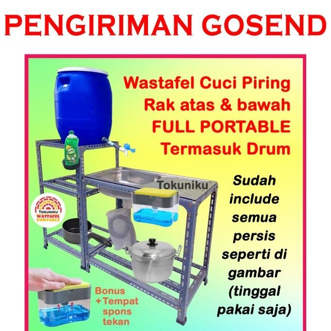 TOKUNIKU Wastafel Cuci Piring Drum FULL PORTABLE Bak Cuci Tangan + Rak ISW
