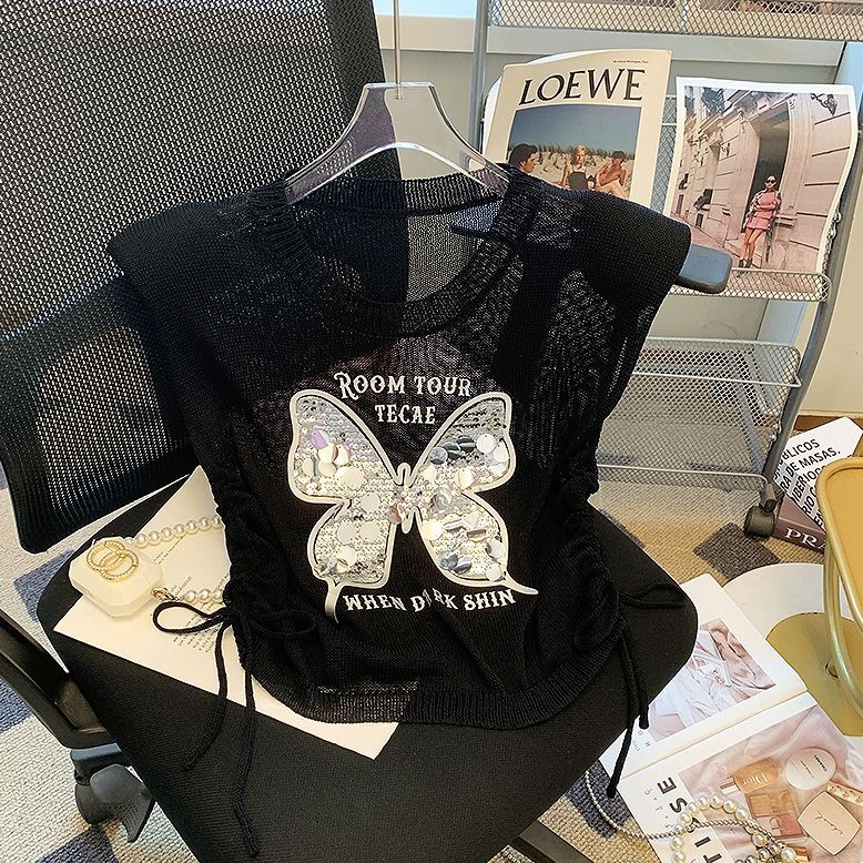 Design Heavy Craft Sequin Butterfly Loose Tank Top Trendy