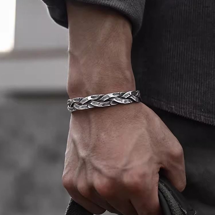 Gelang Ikan Tenun Buatan Tangan Thailand untuk Pria, Desain Terbuka Vintage Serbaguna dari Perak Mur