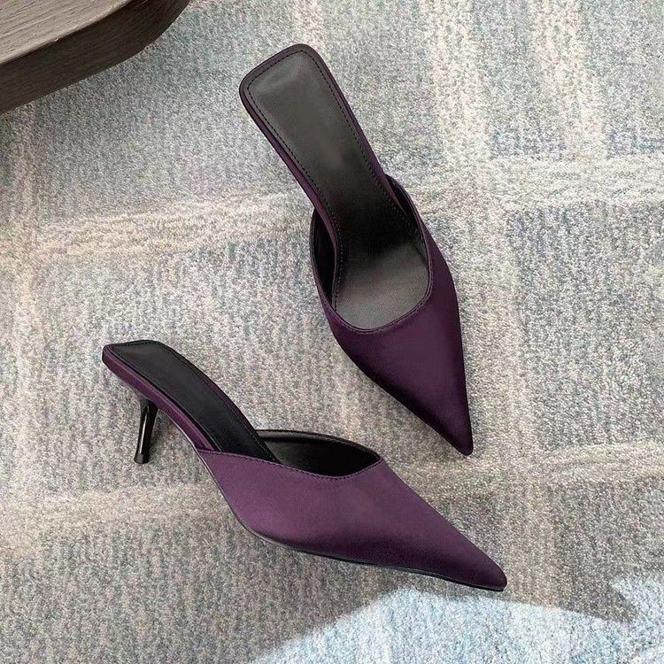 Sepatu Hak Tinggi Stiletto Wanita Ungu Ujung Runcing Sandal Mules Tertutup