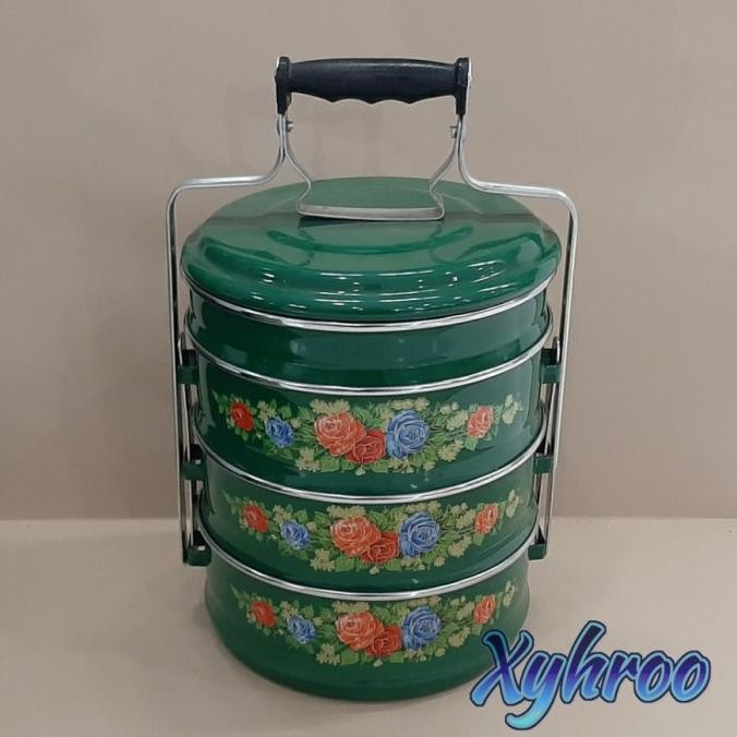 Rantang Enamel Besar susun 4 ukuran 24cm Motif mawar hijau