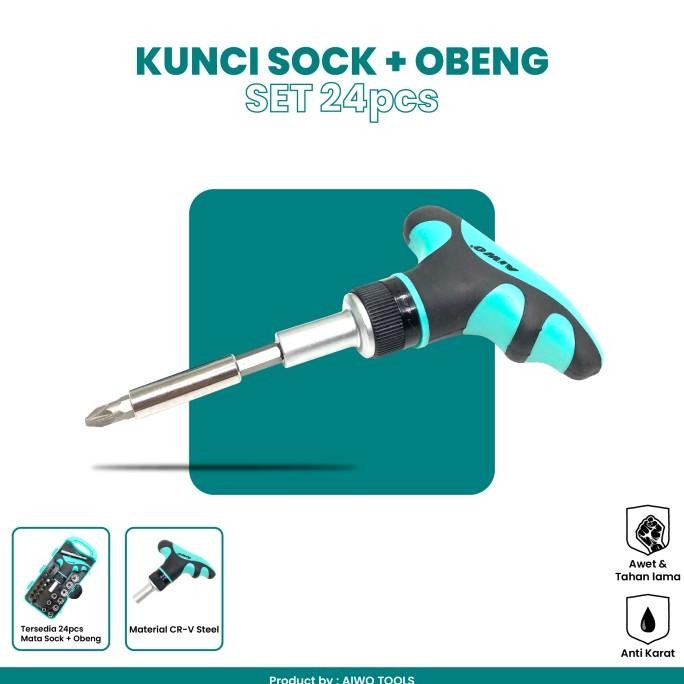 HARGA DISKON KUNCI Sock + Obeng set 24pcs - AIWO TOOLS (119)