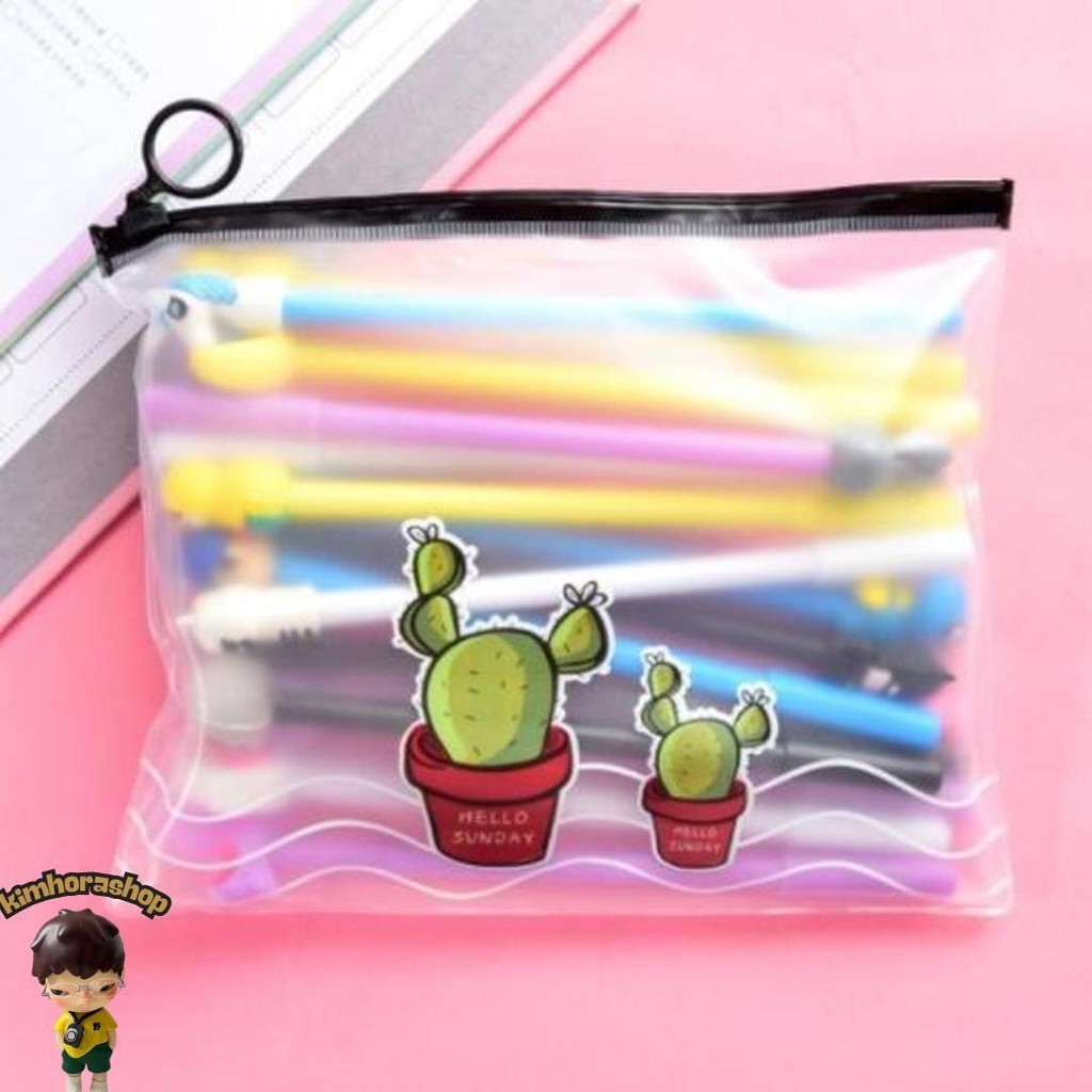 

Pena Karakter Set Pouch Isi 1 Lusin (12 Pcs) Tempat Pensil Transparan Zipper Bag Mix Warna Murah