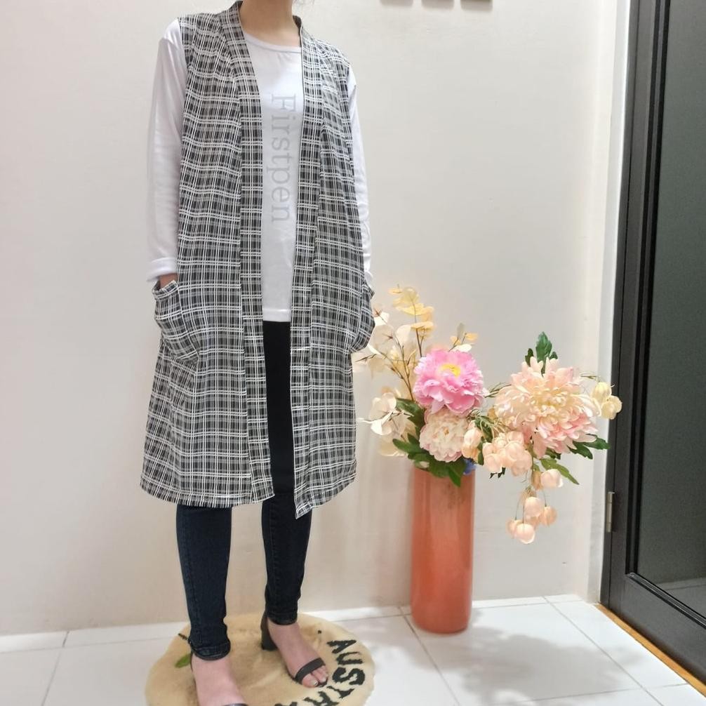 we-53 Cardigan Tanpa Lengan Wanita Motif Kotak Outer Kardigan Tangan Buntung Viral