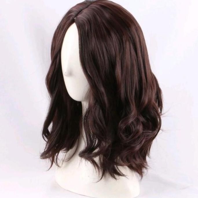 ADA Wig Pria Rambut Gondrong Bergelombang Belahan Tengah Permanen Warna Coklat dan Hitam Gaya Pria A