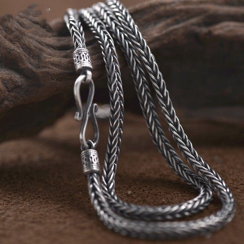 990Kalung Pria Perak Sterling Rantai Tulang Ular Buatan Tangan Tenun Vintage Rantai Perak Thailand T