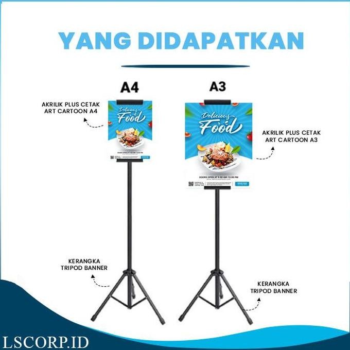 Tripod Standing Banner Plus Cetak Akrilik Thicker Poster Art Carton A3 & A4 Acrylic Lipat 2 Mm New S