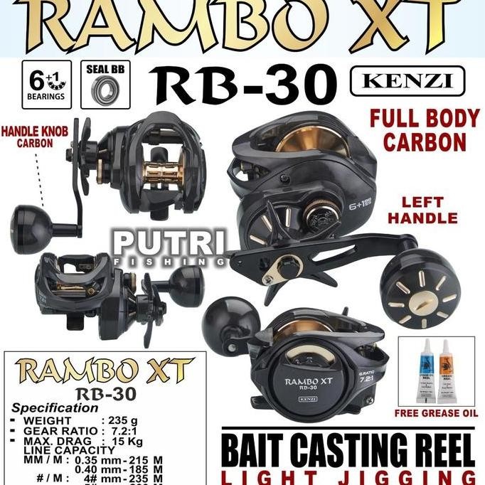 Reel Kenzi Rambo Rb-40 Xt/Rb-30 Xt Bait Casting Untuk Joran Bc - 6+1 Bearing, 300 Gram Berat, Gear R