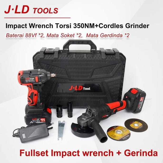 JLD Set Impact Wrench dan Gerinda Fullset Brushless Impact Baterai 88Vf 2pcs Torsi 350NM Cordless Ge