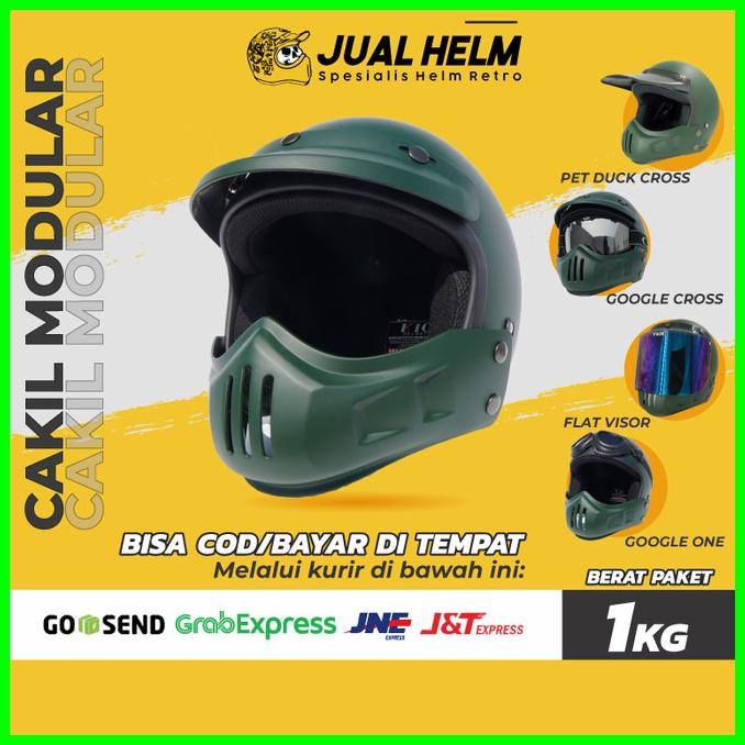 PROMO Helm Retro Cakil Modular Hijau Army Doff (Vespa / Klasik / Vintage)