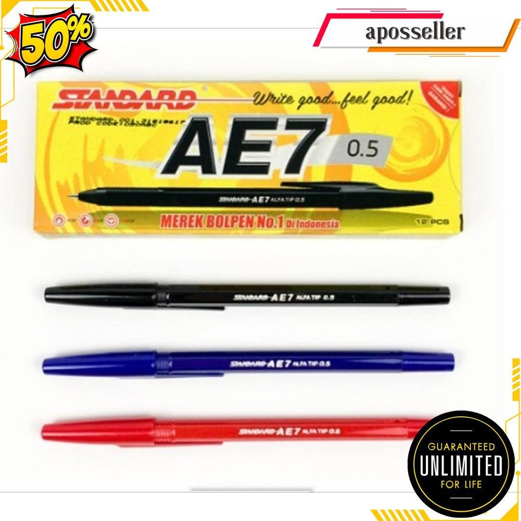 

12Pcs Ballpoint Standard Ae7 / 1Pak Pulpen Standart 0.5 Bisa Cod