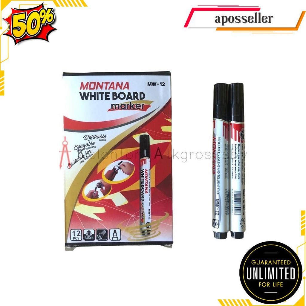 

Spidol / Sepidol Whiteboard White Board (12Pcs) Hitam Montana Mw-12 Lusinan Cod