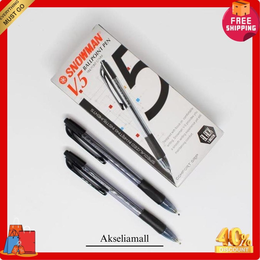 

Pulpen/Bolpoint Snowman V5 (1 Lusin) Tinta Hitam Anti-Kering Termurah Banget