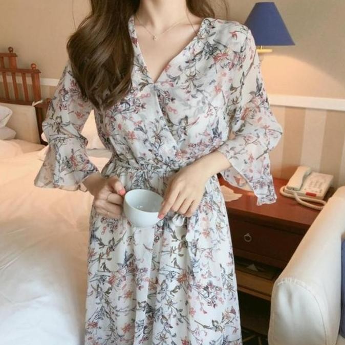 Evelisse Wrap Midi Dress JoCa Clothing Fashion Wanita Dres Gaun Bahan Chiffon Motif Bunga Flower Cas