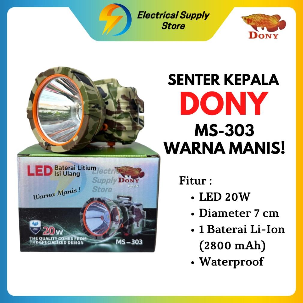 SPECIAL Senter Kepala Dony MS-303 Warna Manis Model Army | Led 20W | Super Terang | Cahaya Putih & K