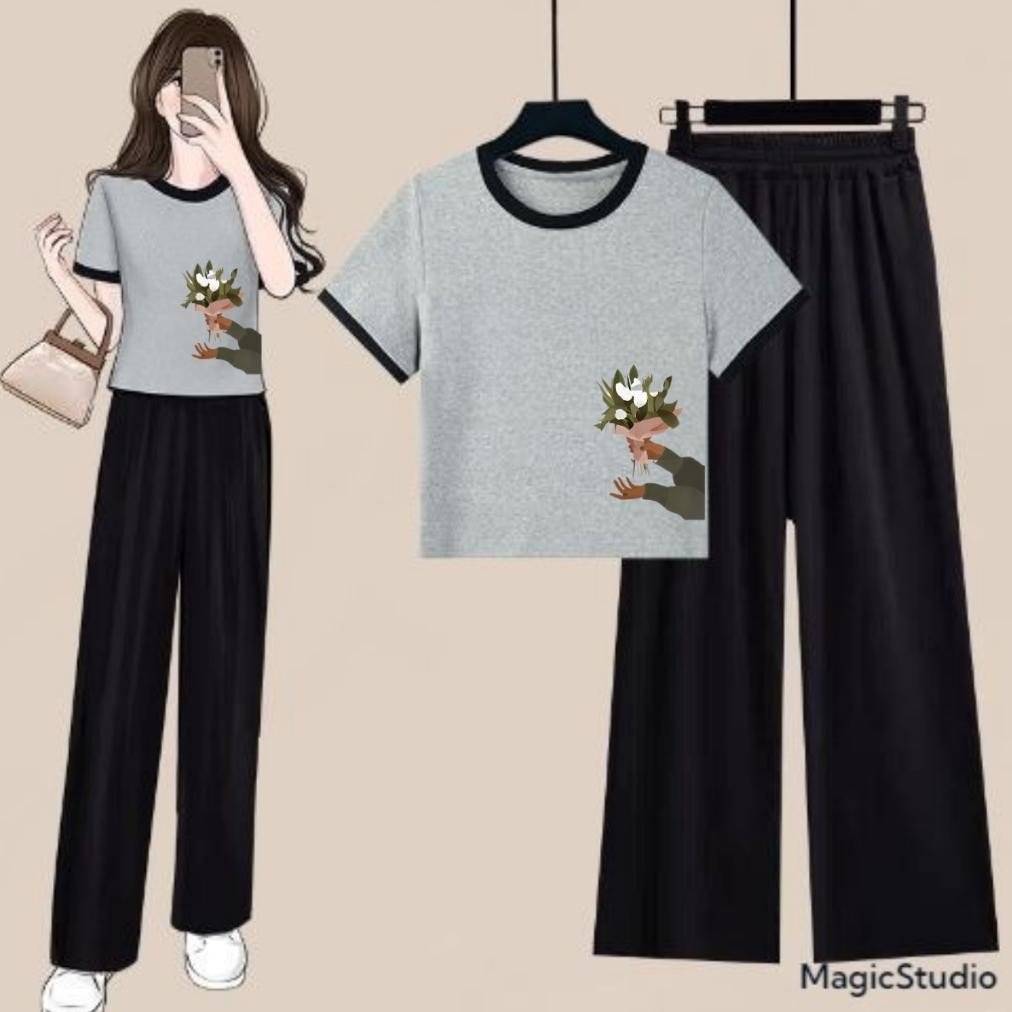 Baju Setelan Anak Remaja Usia Tanggung Ukuran Reguler Atasan Crop Ringer Tee Dan Celana Panjang Give