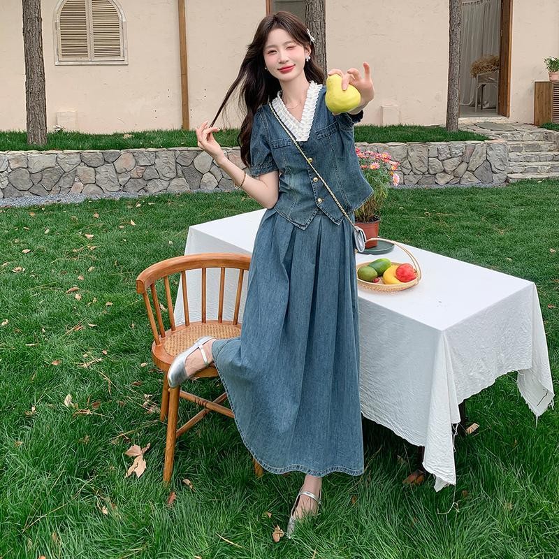 Denim Dress for Women Summer Thin Style Super Pretty Long Dress Two-Piece Set