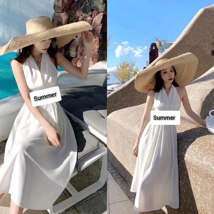 BELLA GLOWING SUMMER MIDI DRES V NECK POLOS / DRESS PANTAI / DRESS PUTIH /DRESS PESTA TAC