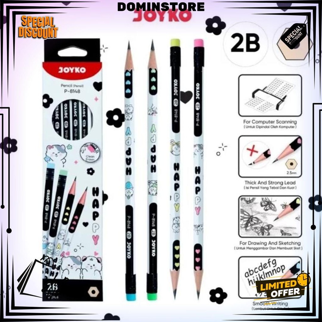 

Pencil Pensil Joyko P-8148 Happy 2B 1 (Motif Cat) Atau P-121 Rainbow 1 Box 12 Pc D Sale