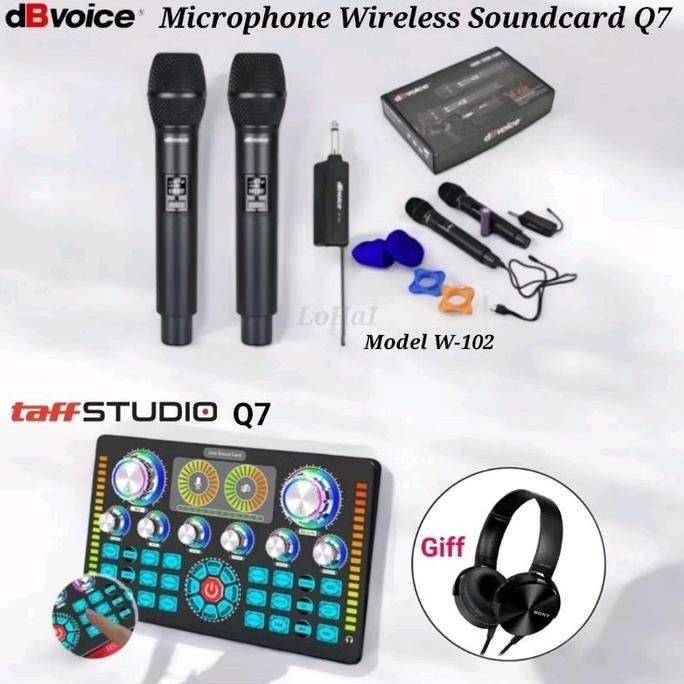 PAKET SOUNDCARD Q7 MIC WIRELESS DBVOICE W102 RECHARGER LIVE STREAMING TERBAIK ORIGINAL 1904T