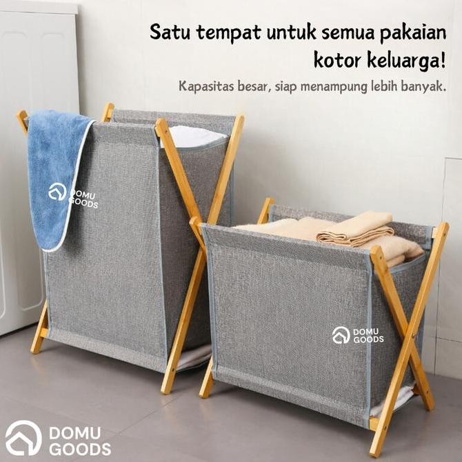 Terlaris Domu Foldable Laundry Basket Dengan Tutup / Keranjang Baju Lipat Bamboo Aesthetic / Tempat 