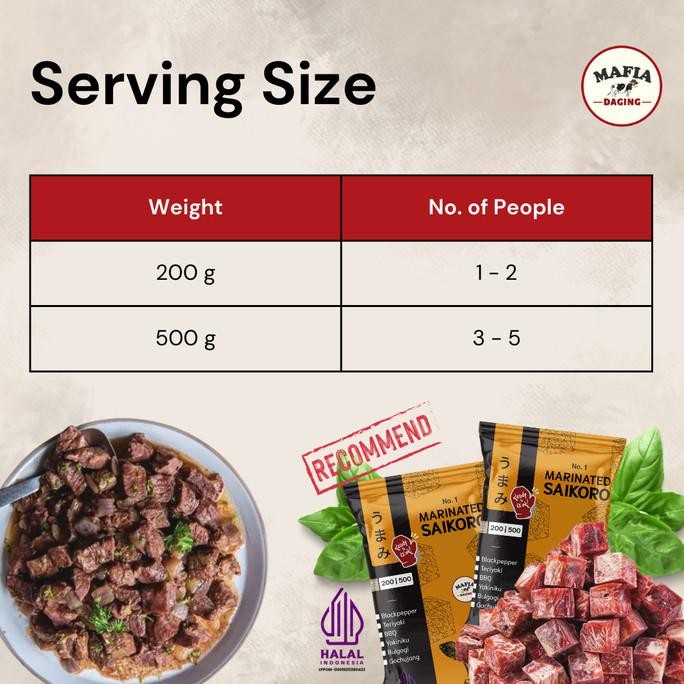 

Marinated Saikoro 500 gram / Saikoro Marinasi Siap Masak 100% Halal H24S