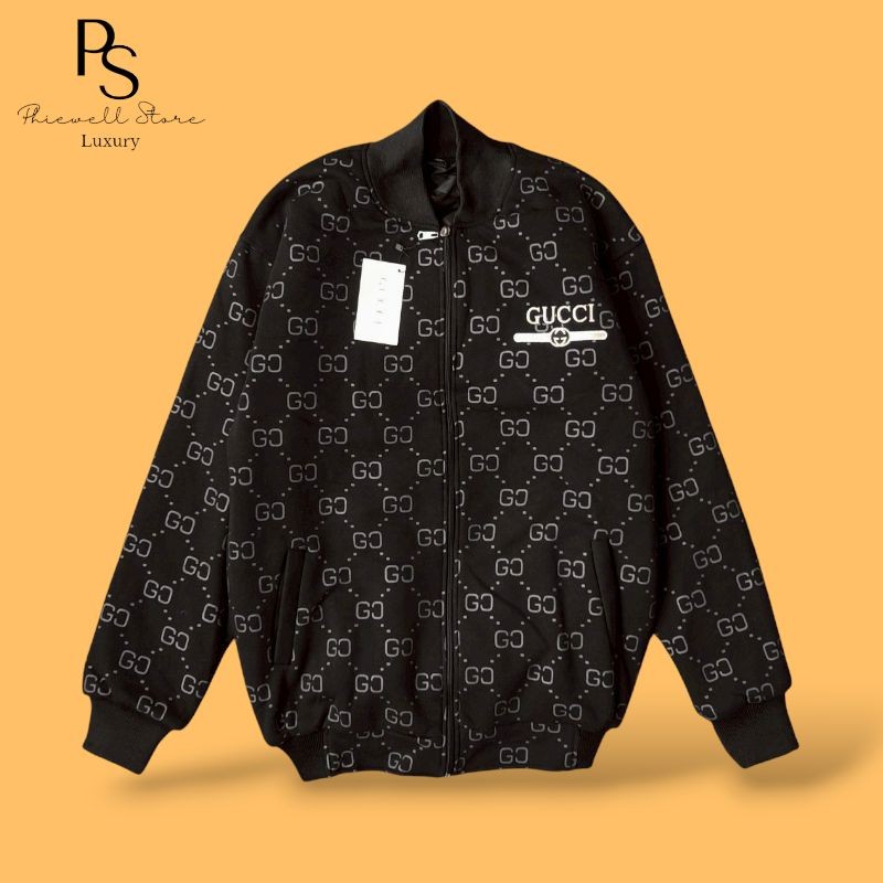 Varsity Jacket Gucci Interlock Pattern Black Gold Patch Bomber Embroidered Bordir Fulltag Premium Hy