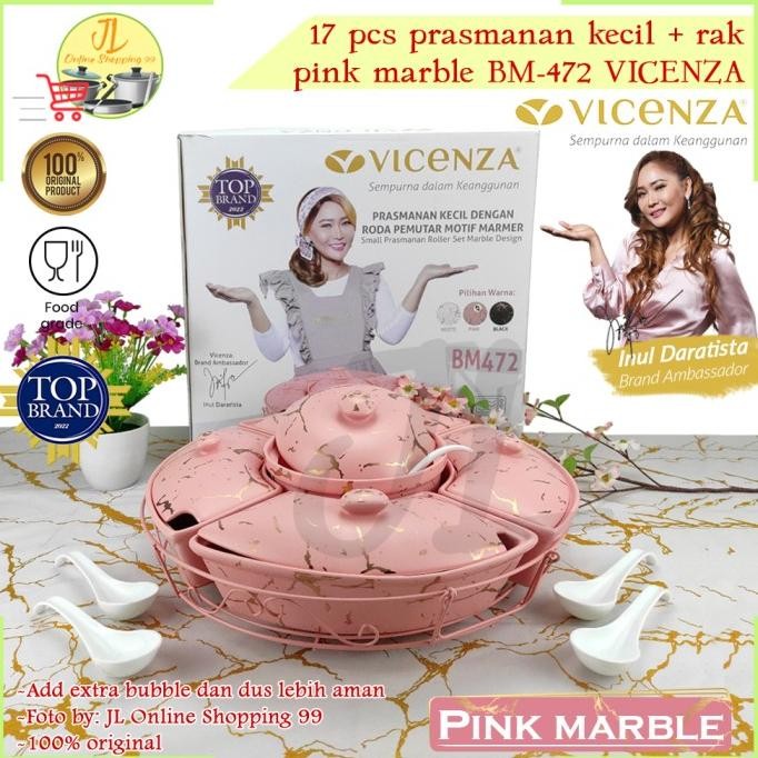 Vicenza 17Pcs Prasmanan Set Bulat Motif Pink Marble / Wadah Saji Putar Keramik Lengkap + Sendok / Ca