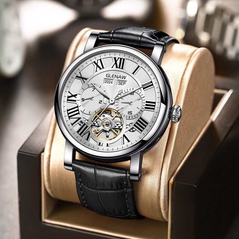 Jam Tangan Mekanik Otomatis Pria Swiss Tren Bisnis dengan Tampilan Kalender Jam Tourbillon