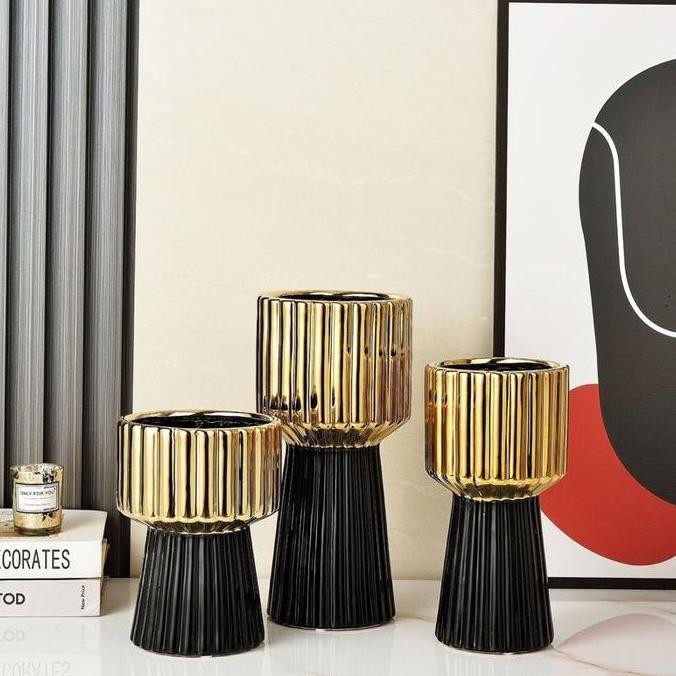Grosir Zello Vase Gold Vas Bunga Keramik Putih Hitam Gold Cantik Bergaris Besar