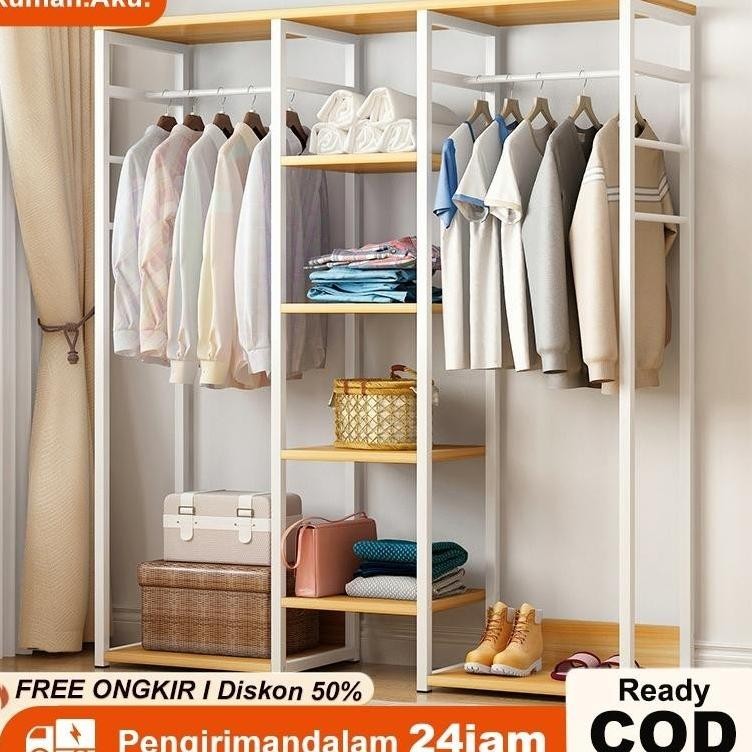 Rak Gantungan Baju Besi Terbuka/Rak Baju Kayu 5 Susun/Stand Hanger Besi
