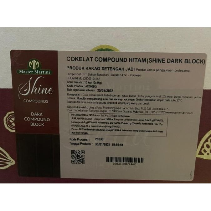 

Cokelat Shine Dark Compound Chocolate Block Master Martini Kemasan 1kg murah