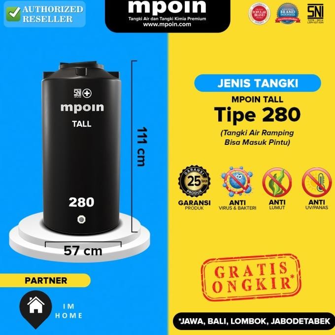 Tangki / Toren Air Mpoin Tipe 280 Liter Tinggi Kecil New Stok