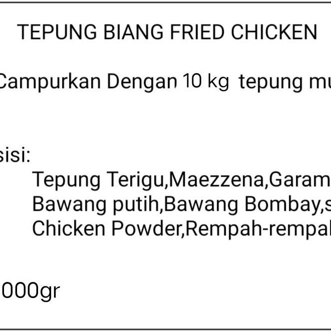 

Sale Paket 1Kg Tepung Biang,1Kg Bumbu Marinasi Fried Chicken Terigu