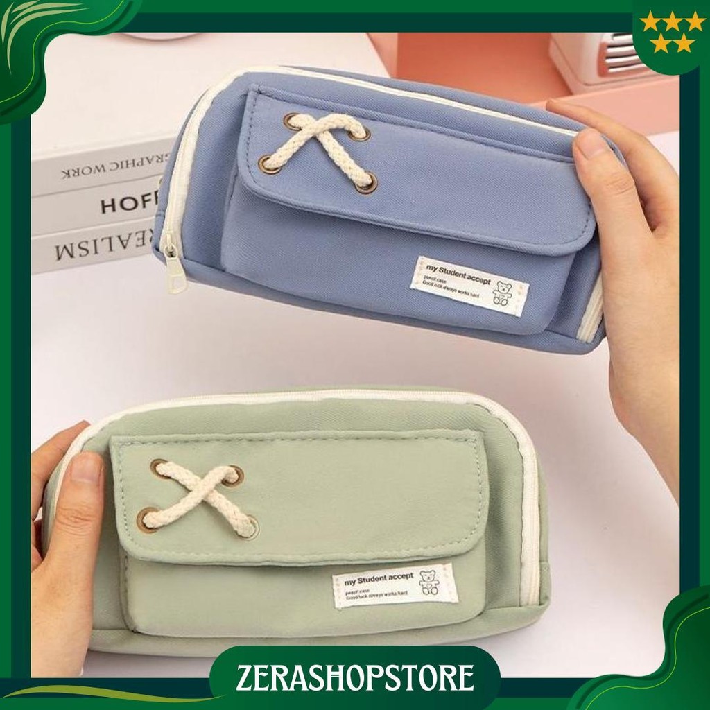 

Hc Tempat Pensil Model Pita Silang Kotak Pensil Tali Rami Ritsleting Ganda Bahan Kanvas Pouch Tempat Alat Tulis Perlengkapan Sekolah Kantor Dua Sisi Resleting Sale