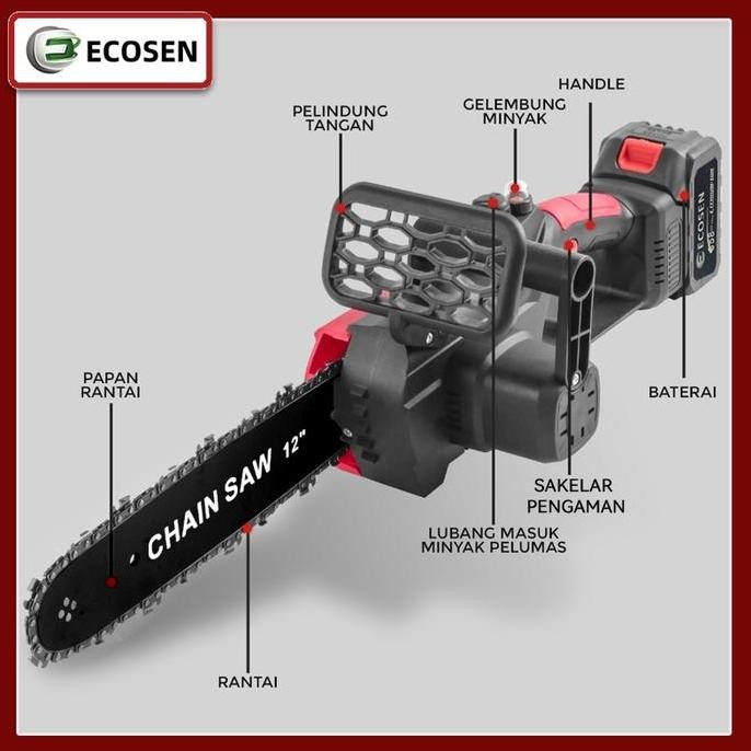 Promo Ecosen Chainsaw Cordless Gergaji Rantai Elektrik Mini 12 Inch 2 Baterai 358V Portable Genggam 