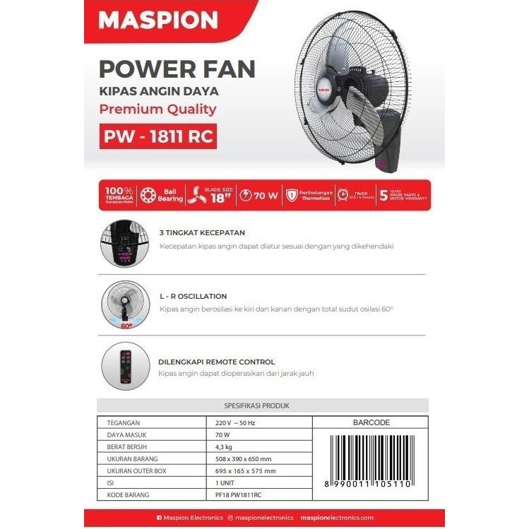 Original Maspion Wall Fan + Remote 18Inch Pw1811Rc Power Fan Aluminium Bearing