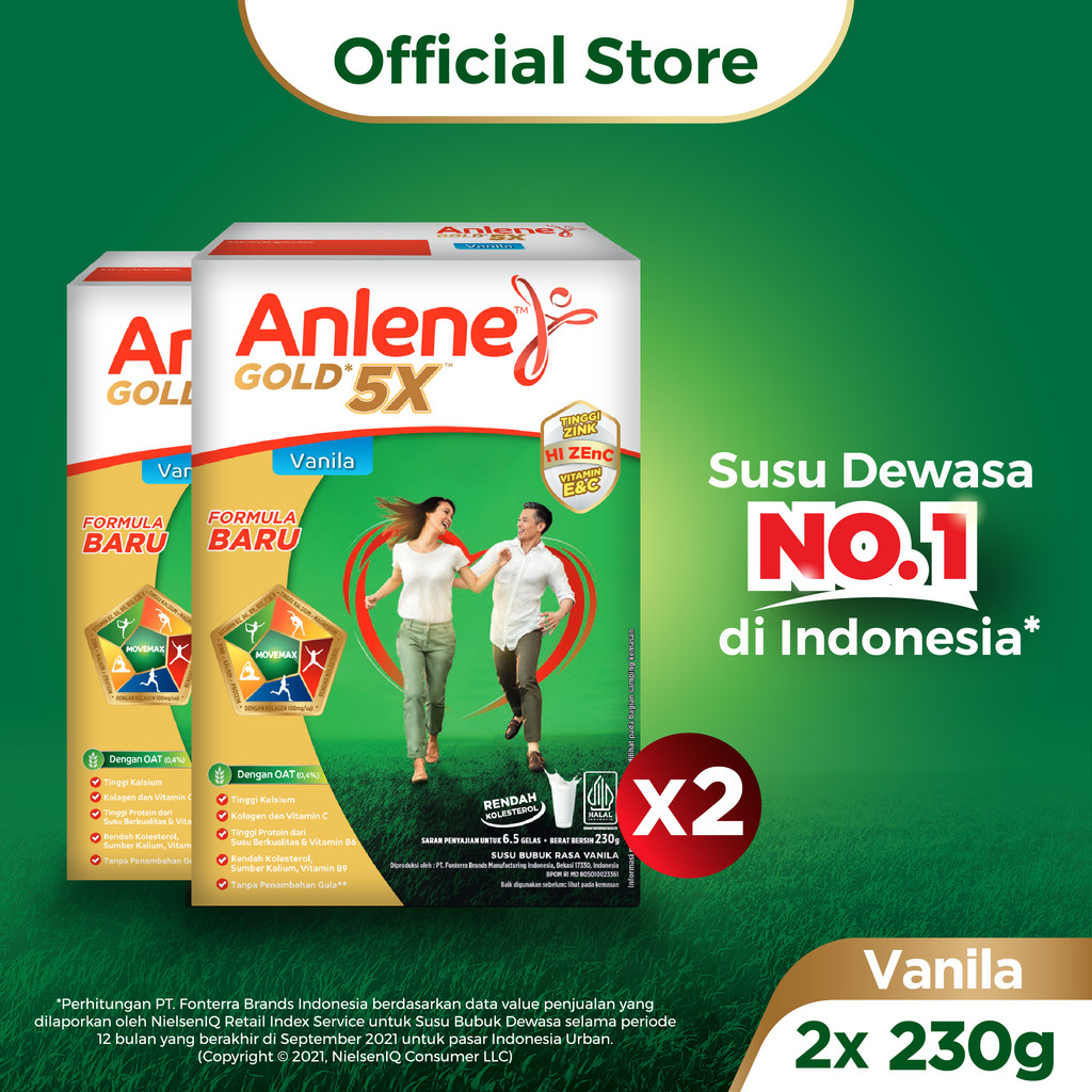 

Anlene Gold 5X Susu Bubuk Dewasa Vanila 2 x 230g - Nutrisi Tinggi Kalsium Untuk Tulang, Sendi, dan Otot
