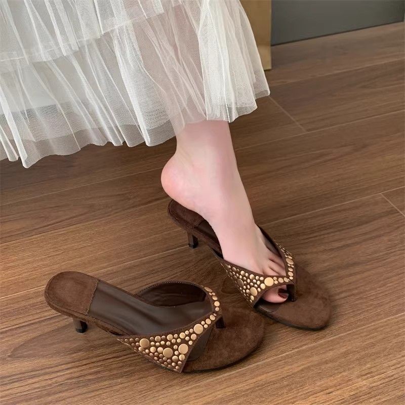 Sandal Flip-Flop Vintage Slip-On Wanita, Ujung Coklat, Sandal Hak Tinggi Serbaguna Niche
