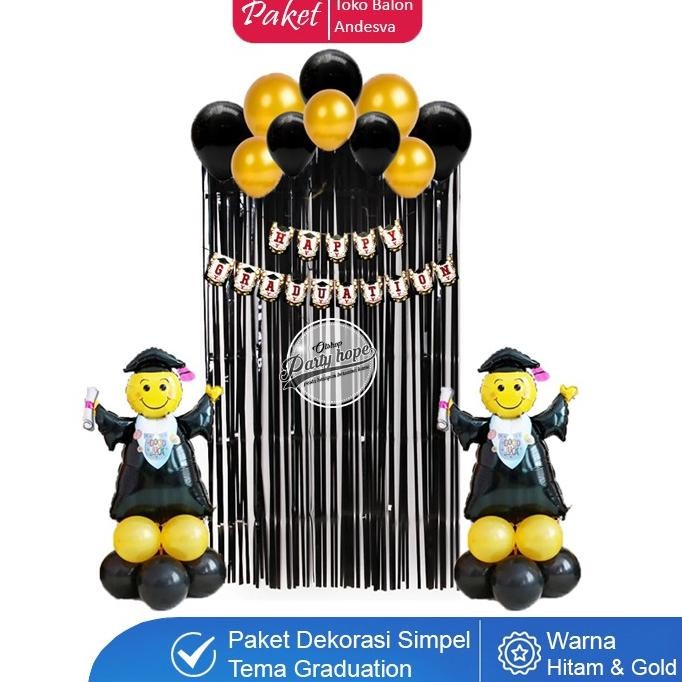 Paket Dekor Graduation Hitam Gold / Set Dekorasi Wisuda Hitam Gold / Set Balon Wisuda Happy Graduati