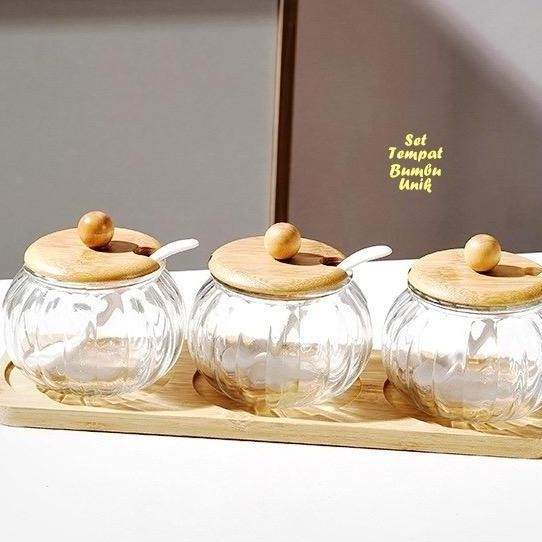 BULAT LABU Tempat Bumbu Unik Toples Kaca Wadah Kayu isi 3 tempat bumbu + 1 wadah kayu Set Tempat Bum