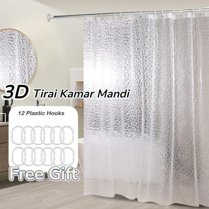 [Bawalah 12 C Hooks] Tirai Kamar Mandi 3D/ Bahan EVA Tahan Air Dengan Tautan/ Kamar Mandi Pvc Tirai 