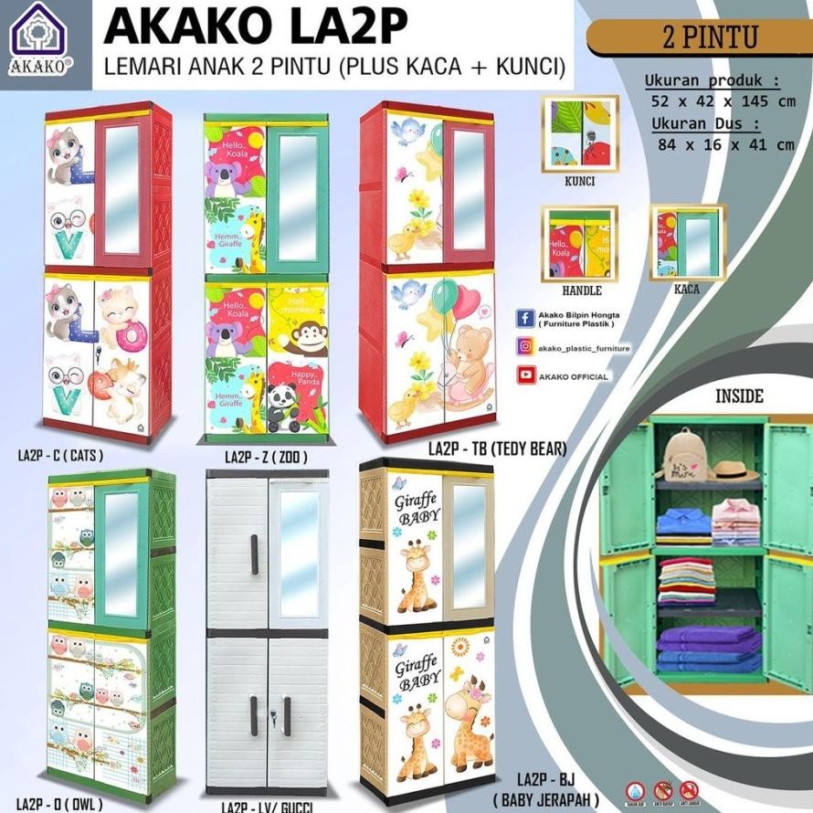 LEMARI PAKAIAN ANAK PLASTIK BABY AKAKO PRINTING CERMIN