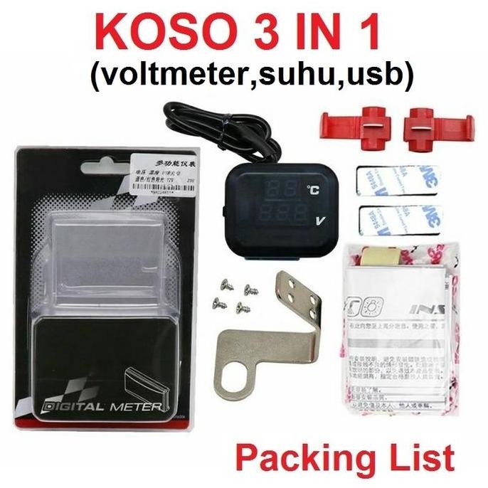 Volt Meter Koso 3 in 1/Voltmeter 3 in 1 Koso Usb Anti Air Original/Voltmeter 3in1 Charger USB 2A Bre