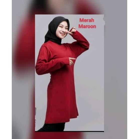 Kaos Tunik Polos - Kaos Polos Tunik Muslimah Lengan Panjang Katun Combed Adem Nyaman - Kaos Tunik Po