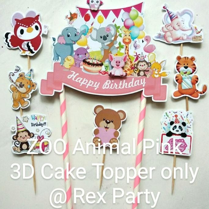 Zoo Animal Cake Topper/Topper Kue 3D Pink/Birthday Topper Zoo Animal