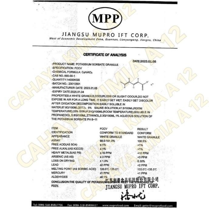 

Murah Potassium Sorbate Food Grade Ex.Rrc - Mupro 1 Dus (25 Kg) Instant Only